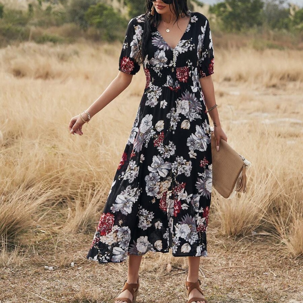 boho floral print vneck slit black midi dress Blue - Picture 3 of 11